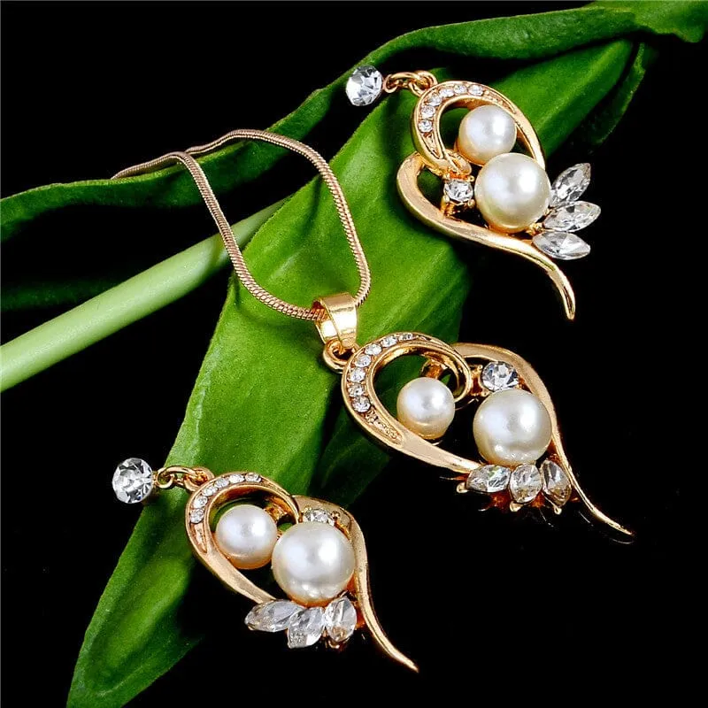 18K Gold Plated Full Crystal Pearl Jewelry Set