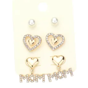 3Pairs Pearl Rhinestone Embellished Heart Mom Earrings