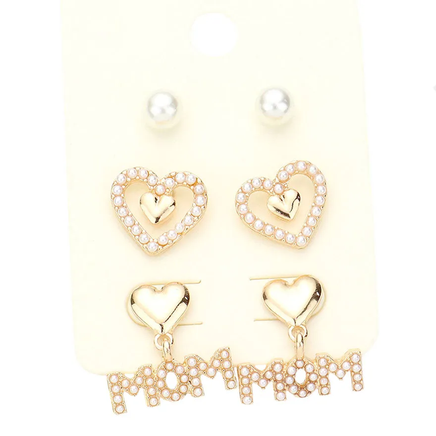 3Pairs Pearl Rhinestone Embellished Heart Mom Earrings