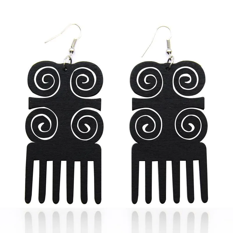 African Print Earrings | Black comb wooden earrings