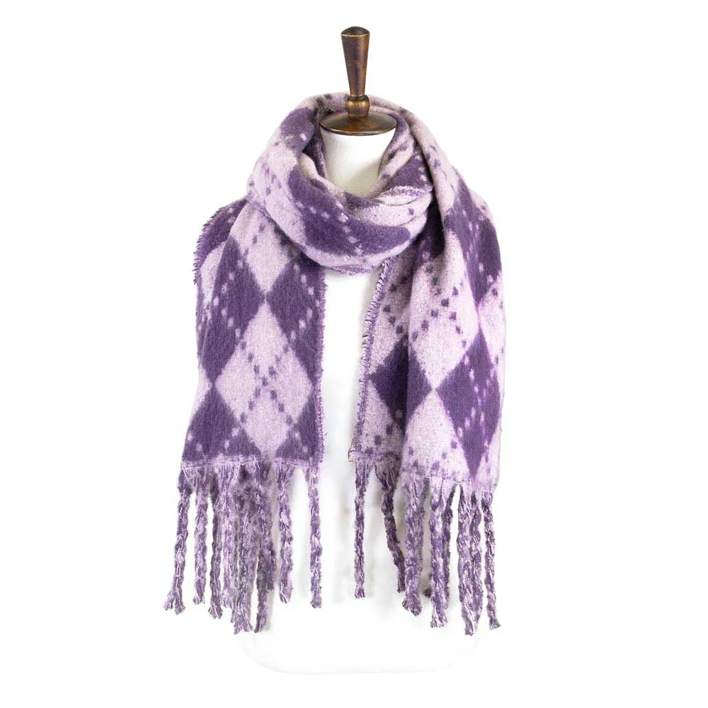 Argyle Print Oblong Scarf With Fringe