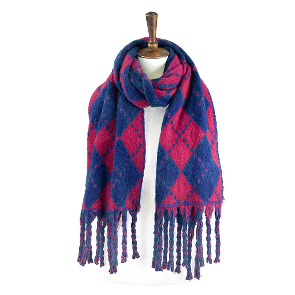 Argyle Print Oblong Scarf With Fringe