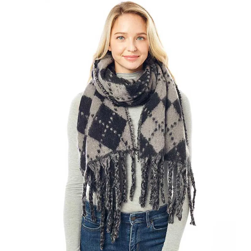 Argyle Print Oblong Scarf With Fringe