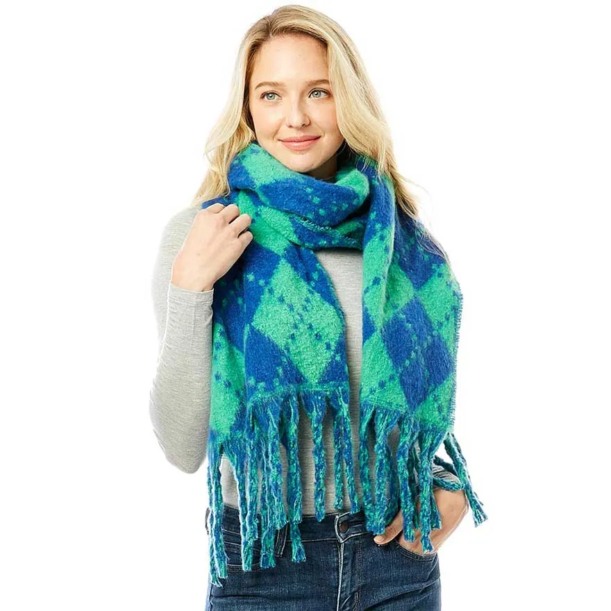 Argyle Print Oblong Scarf With Fringe