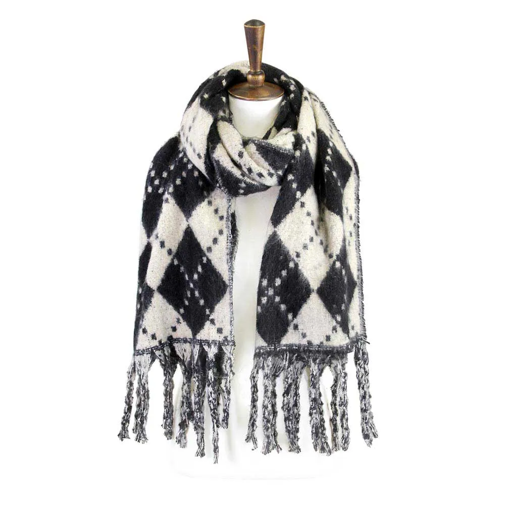 Argyle Print Oblong Scarf With Fringe