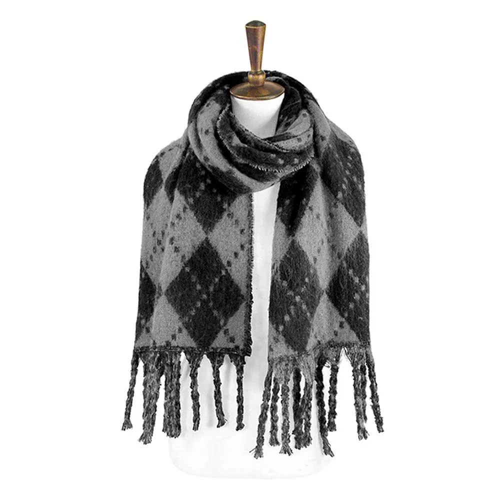 Argyle Print Oblong Scarf With Fringe