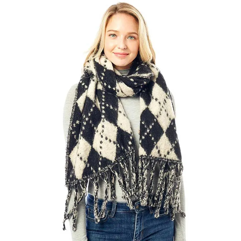 Argyle Print Oblong Scarf With Fringe