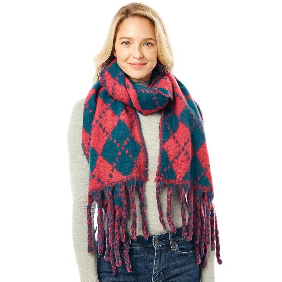 Argyle Print Oblong Scarf With Fringe