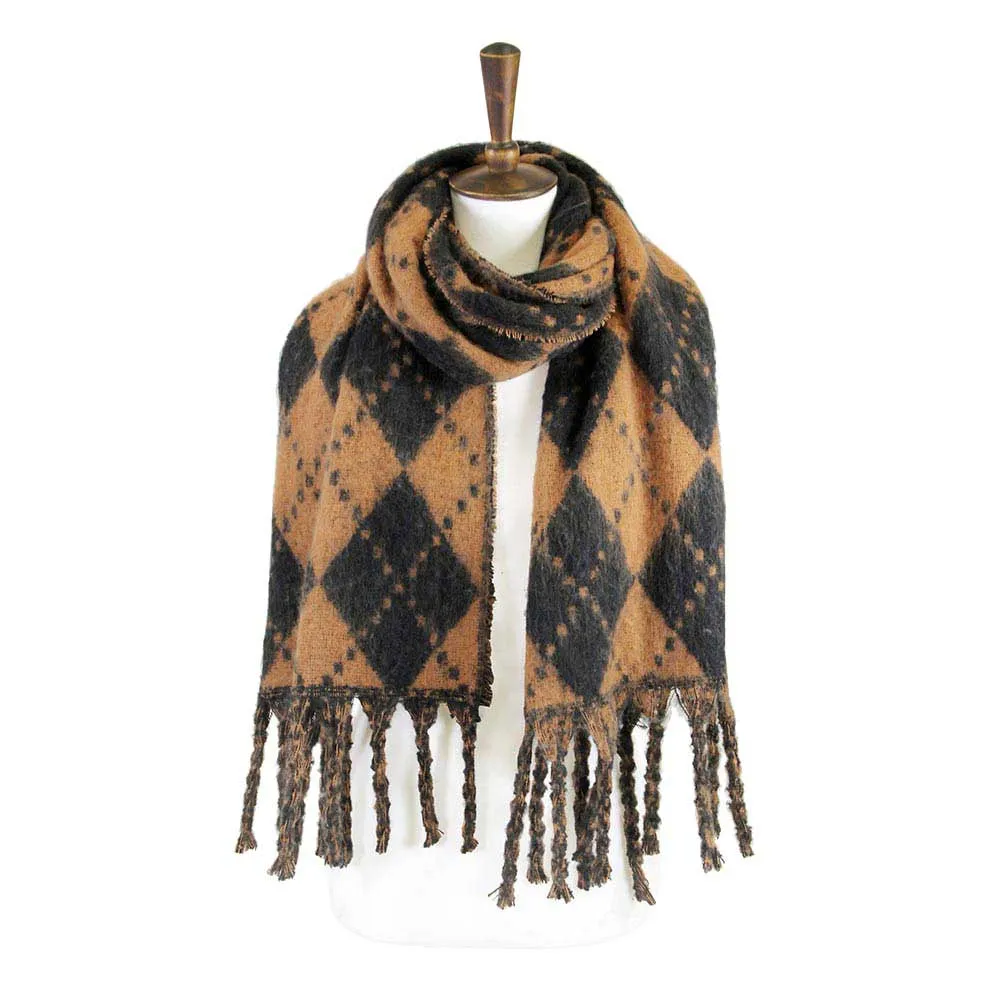 Argyle Print Oblong Scarf With Fringe