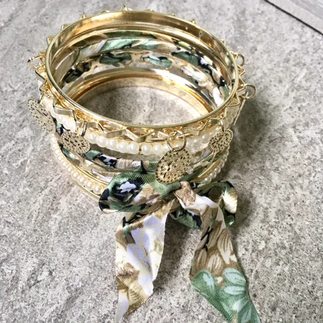 BOHO INSPIRED GOLD PEARL GREEN FLORAL MIXED BANGLE SET