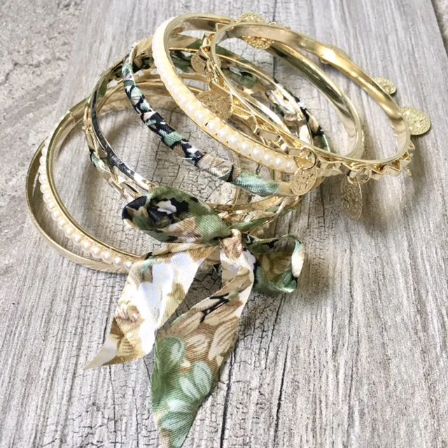 BOHO INSPIRED GOLD PEARL GREEN FLORAL MIXED BANGLE SET