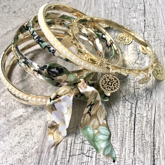 BOHO INSPIRED GOLD PEARL GREEN FLORAL MIXED BANGLE SET