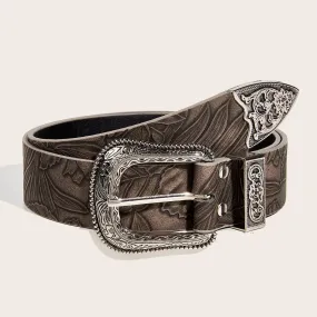 Brown Floral Belt Women's Vintage Carved Metal Buckle Belt