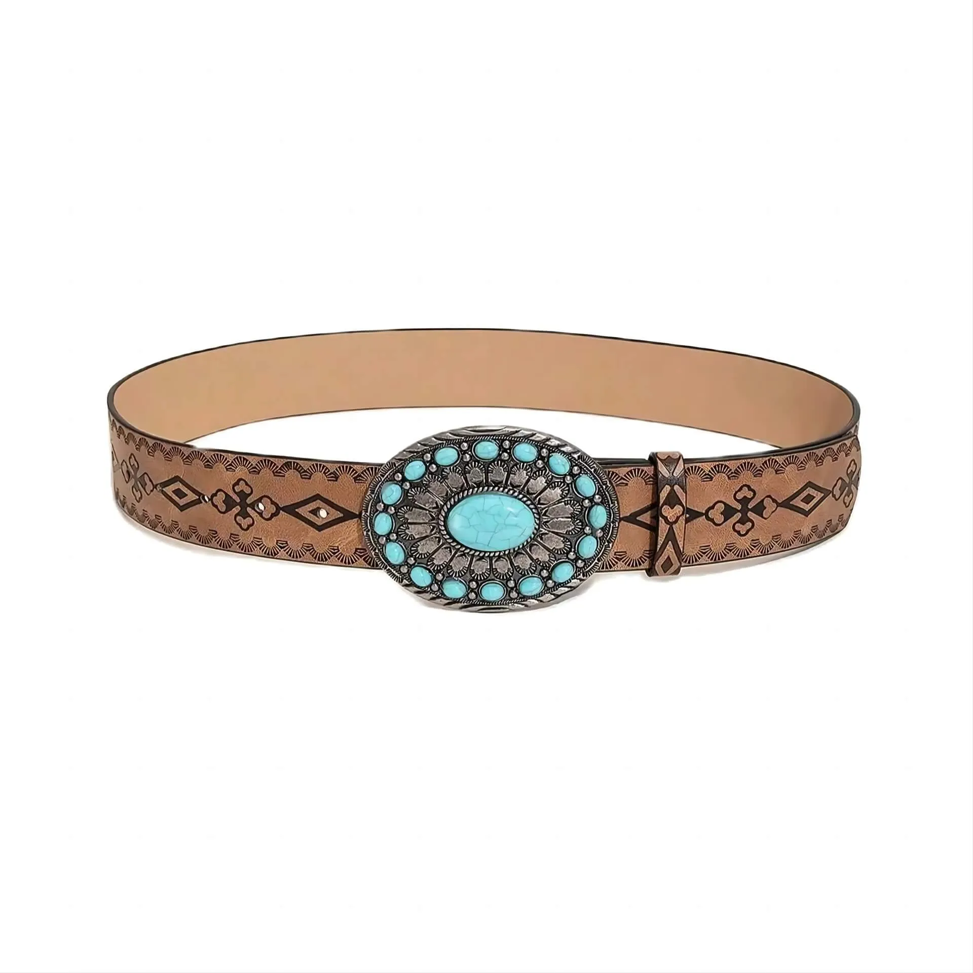 Brown Retro Leather Belt Women's Vintage Carved Buckle Belt