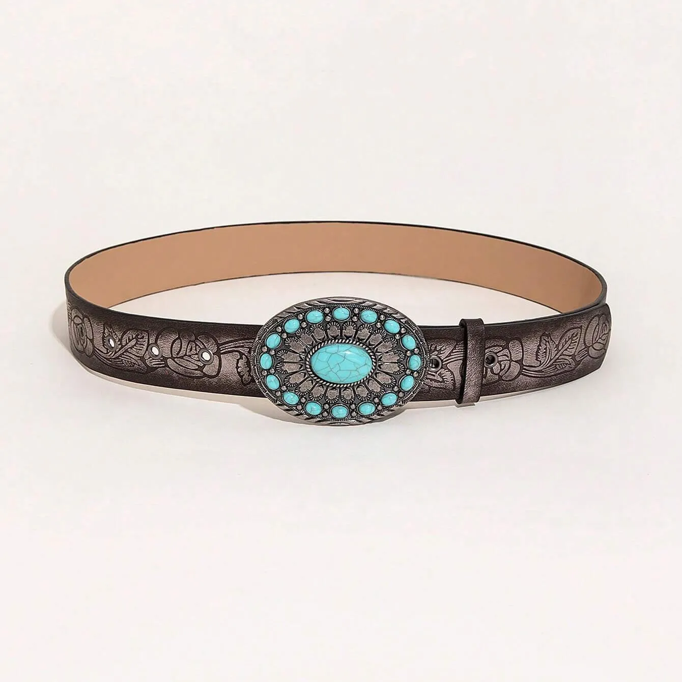 Brown Retro Leather Belt Women's Vintage Carved Buckle Belt