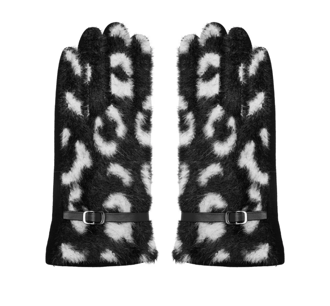 Faux Fur Animal Print Gloves - Black