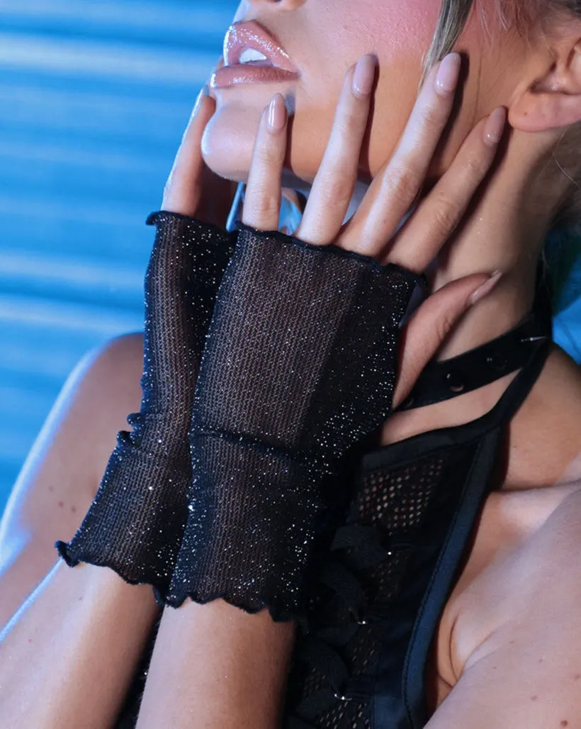 Glitter Glow Lettuce Hem Mesh Gloves