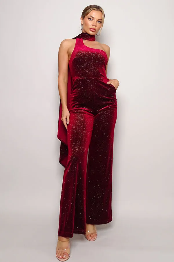 Glittery Velvet Scarf Top Jumpsuit