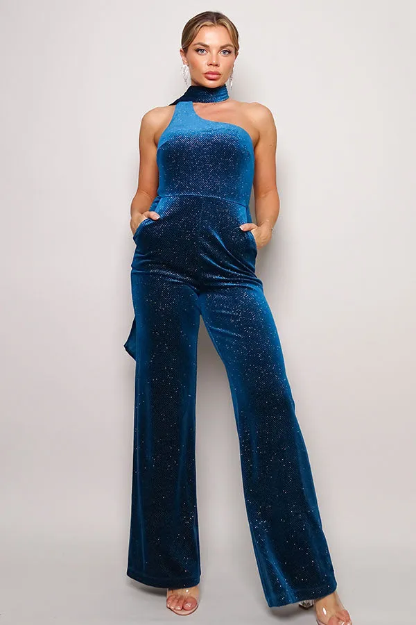 Glittery Velvet Scarf Top Jumpsuit