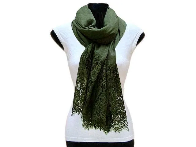 LARGE KHAKI GREEN LACE DETAIL LIGHTWEIGHT SCARF