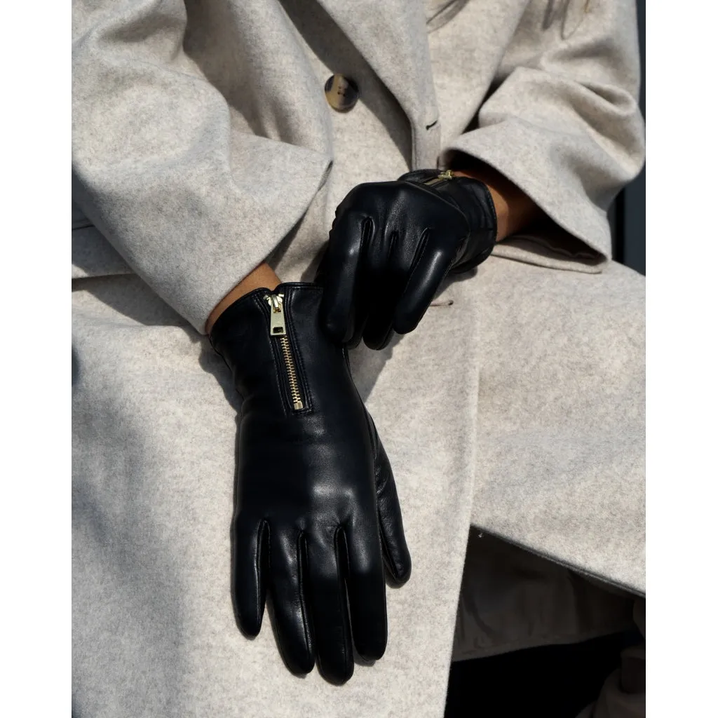 Leather gloves decorated with zipper / 14894 - Gold