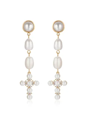 Pearl Cross Drop Earrings