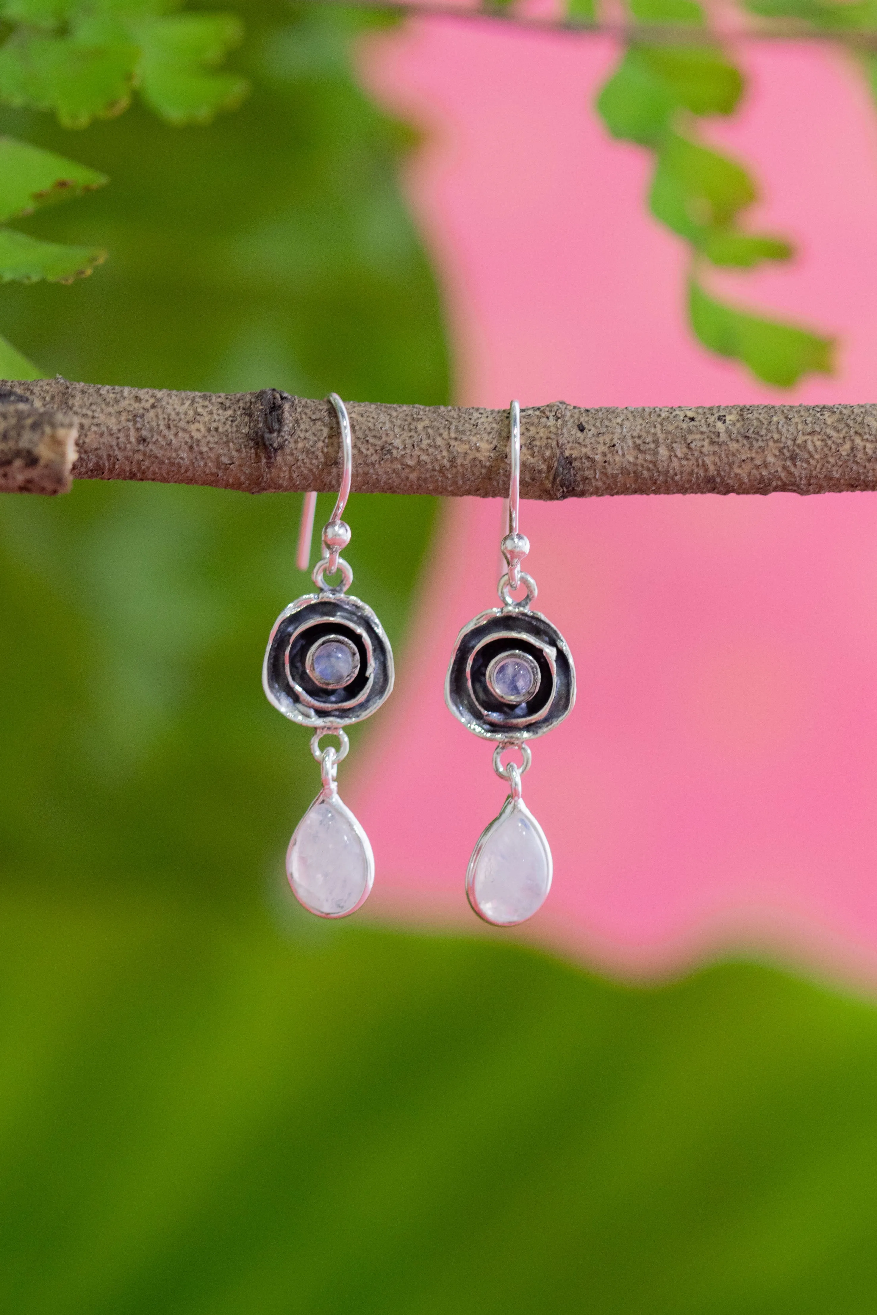 Rainbow Moonstone Floral Drop Earrings