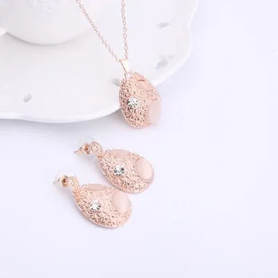 Sweet Pink  Rose Gold Necklace Earring Jewelry Set